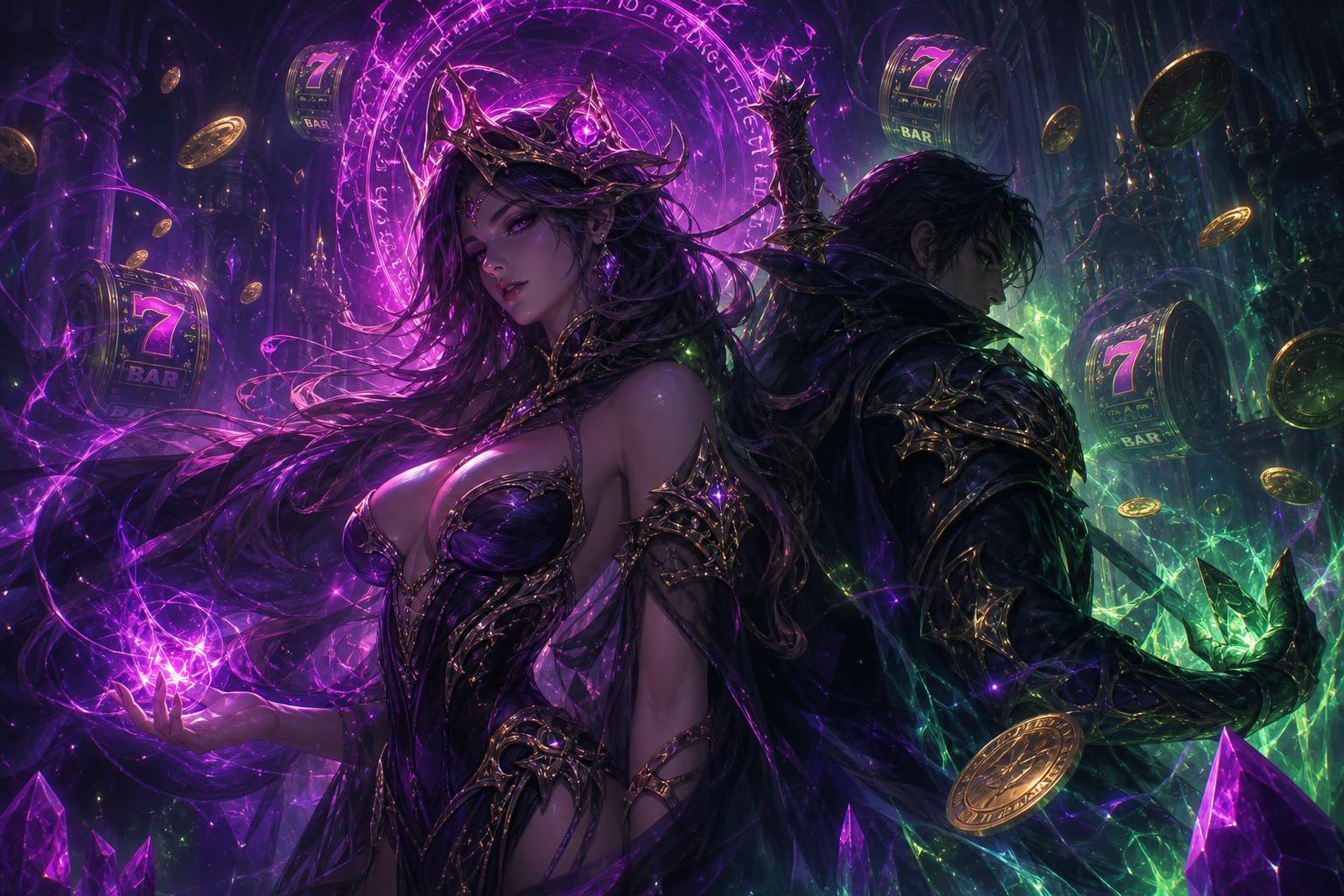 A regal party of champions on the steps of a golden cathedral, a colossal obsidian dragon coiled behind them