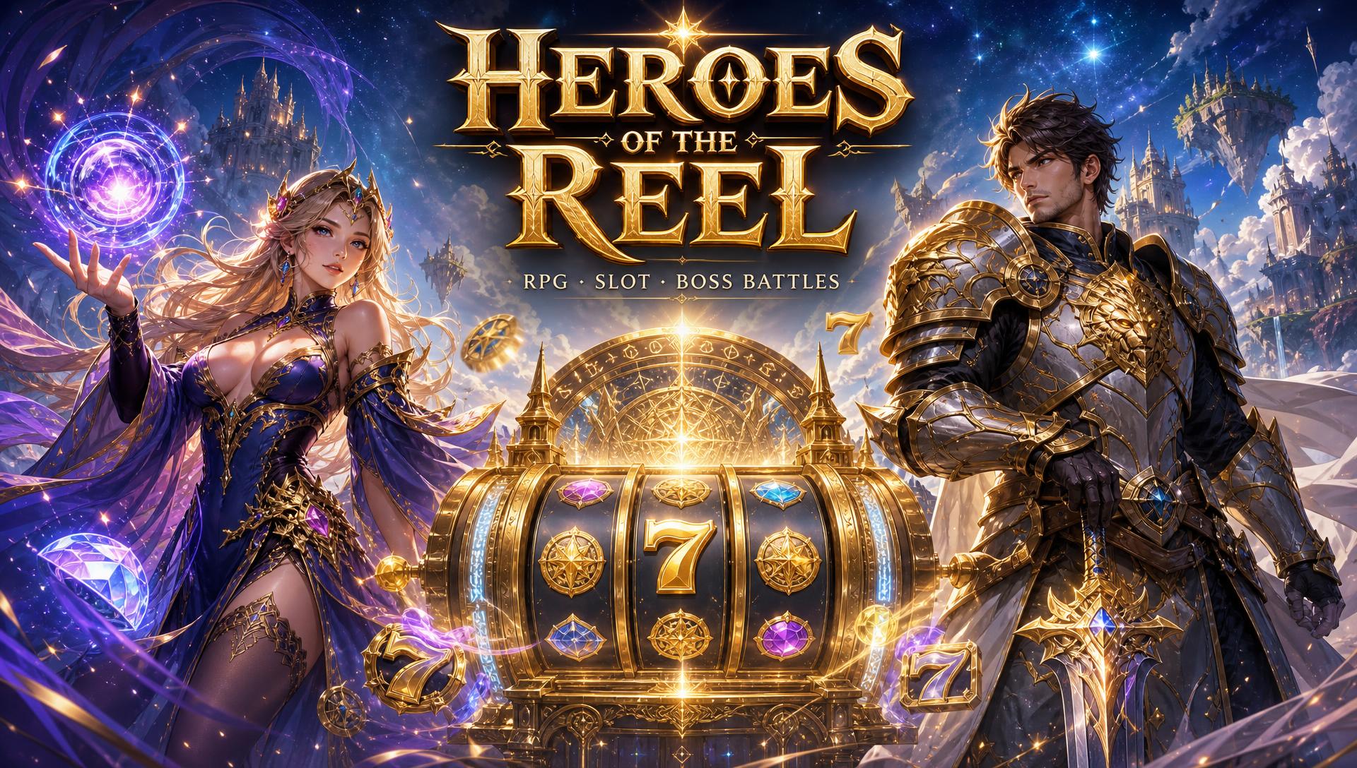 Heroes of the Reel — a party of mythic champions before a colossal obsidian dragon and golden runic slot reels